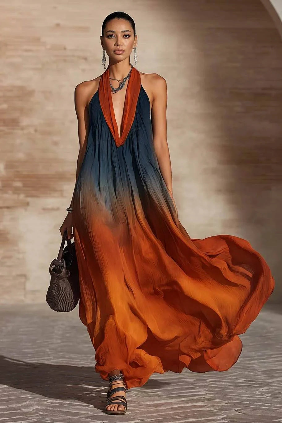 Moxley™ Paula | Halter/V-neck ombre maxi dress