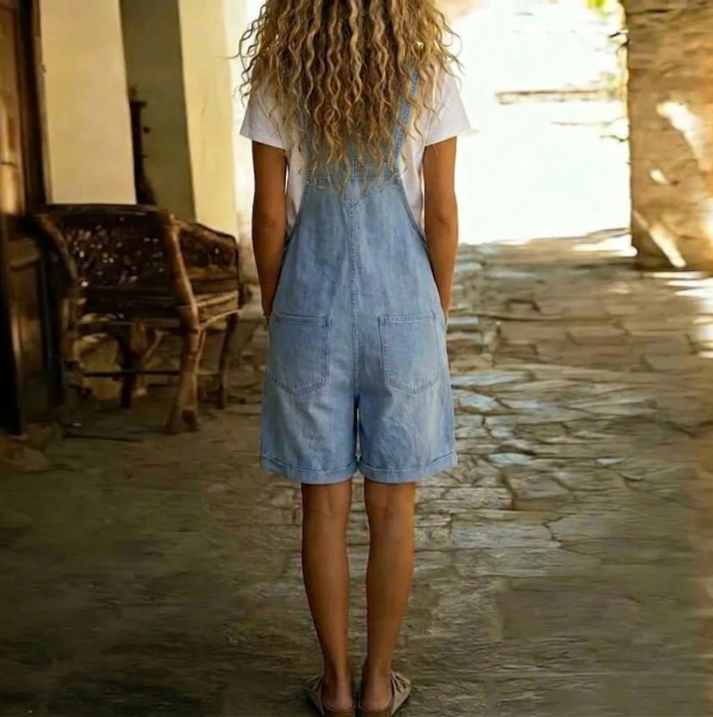 Clara | Soft Cotton Denim Dungarees in Light Washed Blue