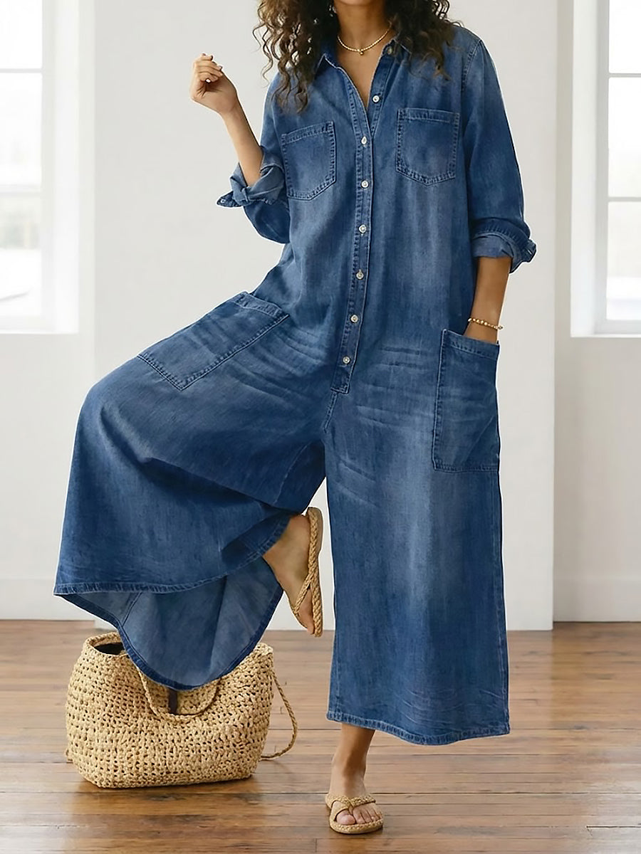 Diana | Vintage jumpsuit in soft washed cotton denim with buttons