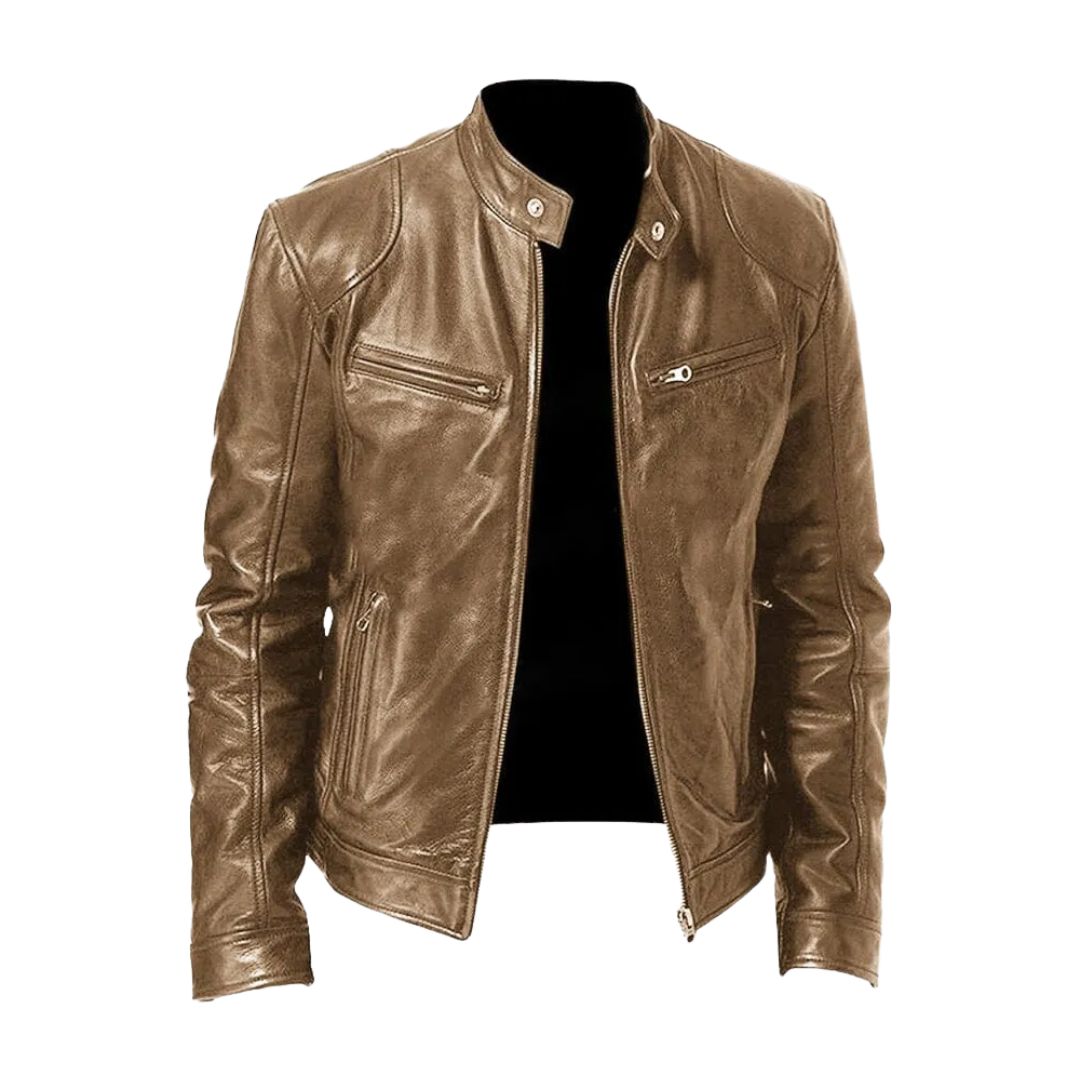 Harrington Oxford | Men’s Leather Biker Jacket – Zip-Up with Stand Collar and Pockets