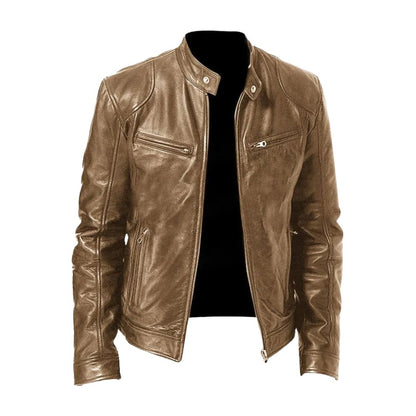 Harrington Oxford | Men’s Leather Biker Jacket – Zip-Up with Stand Collar and Pockets