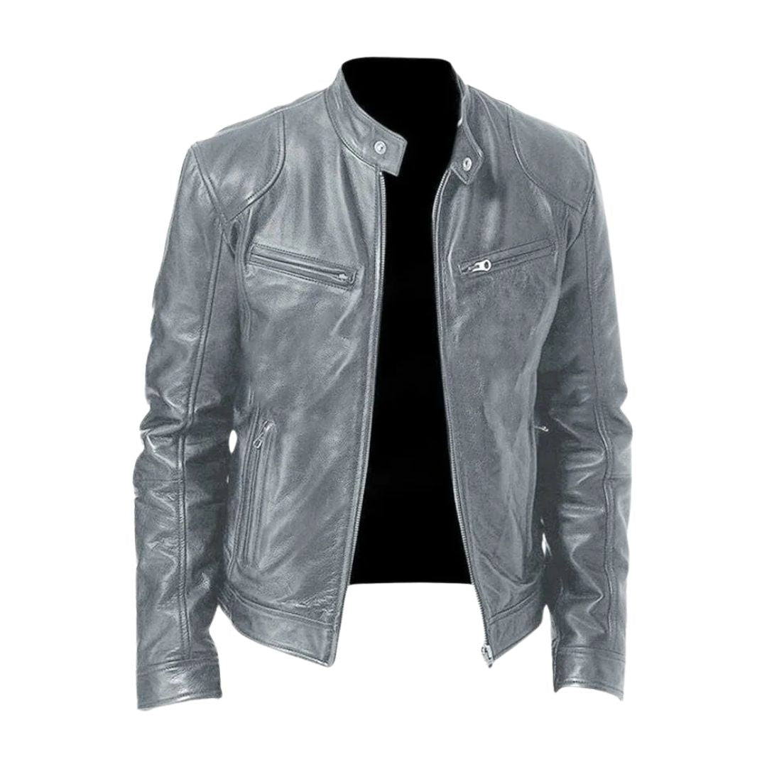 Harrington Oxford | Men’s Leather Biker Jacket – Zip-Up with Stand Collar and Pockets