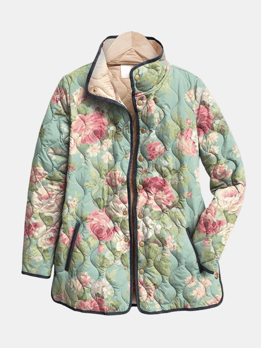 Moxley™ | Luxe Quilted Jacket Adorned with Light Antique Roses