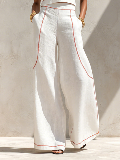 Moxley™ Brenda | Elegant Linen Contrast-Stitched Pants Set