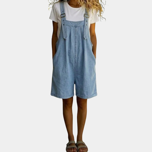 Clara | Soft Cotton Denim Dungarees in Light Washed Blue