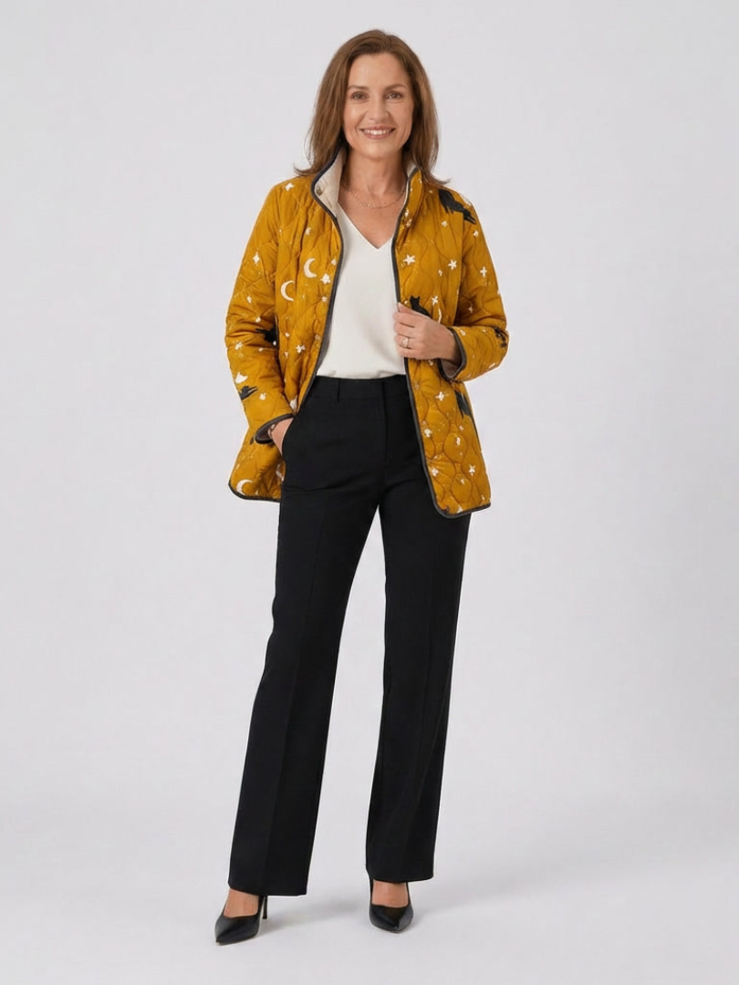Moxley™ Delacroix Luxe Padded Jacket Featuring Elegant Cats and Stars - Nicole Edition