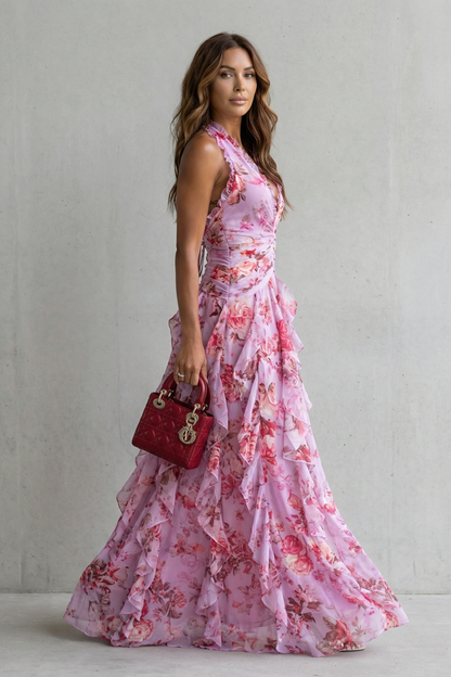 Belladina | Romantic Cascading Rose Long Dress with American Neckline