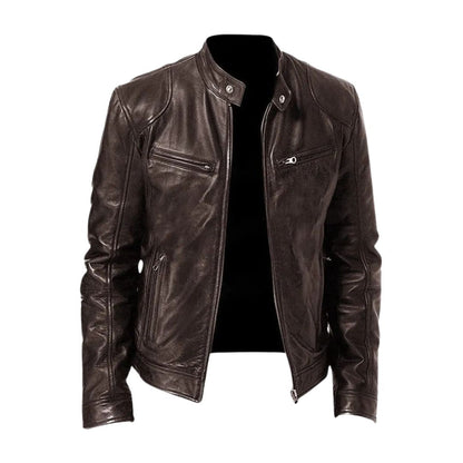 Harrington Oxford | Men’s Leather Biker Jacket – Zip-Up with Stand Collar and Pockets