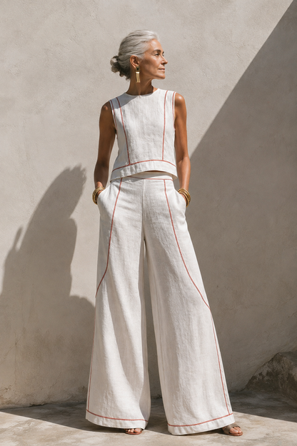 Moxley™ Brenda | Elegant Linen Contrast-Stitched Pants Set