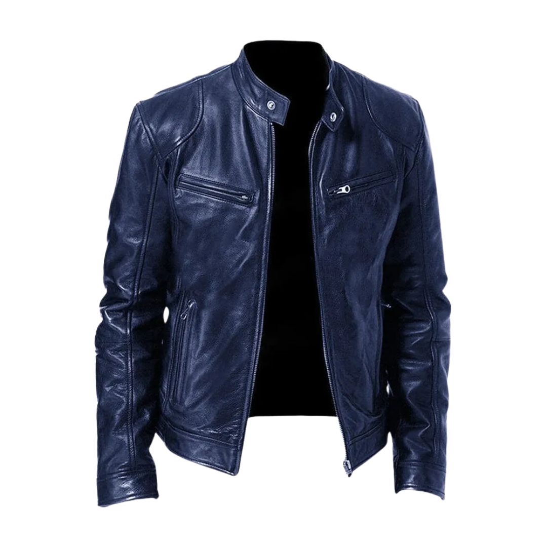 Harrington Oxford | Men’s Leather Biker Jacket – Zip-Up with Stand Collar and Pockets