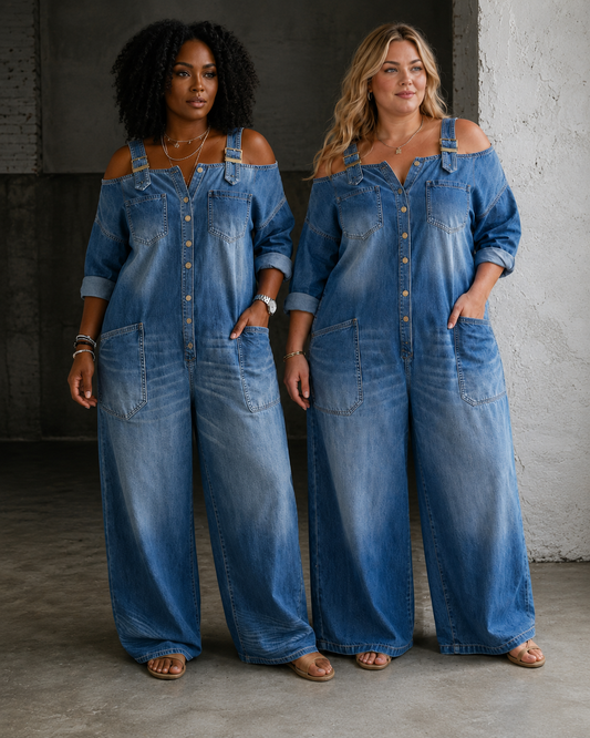 Stephanie | Off Shoulder Denim Shirt Jumpsuit