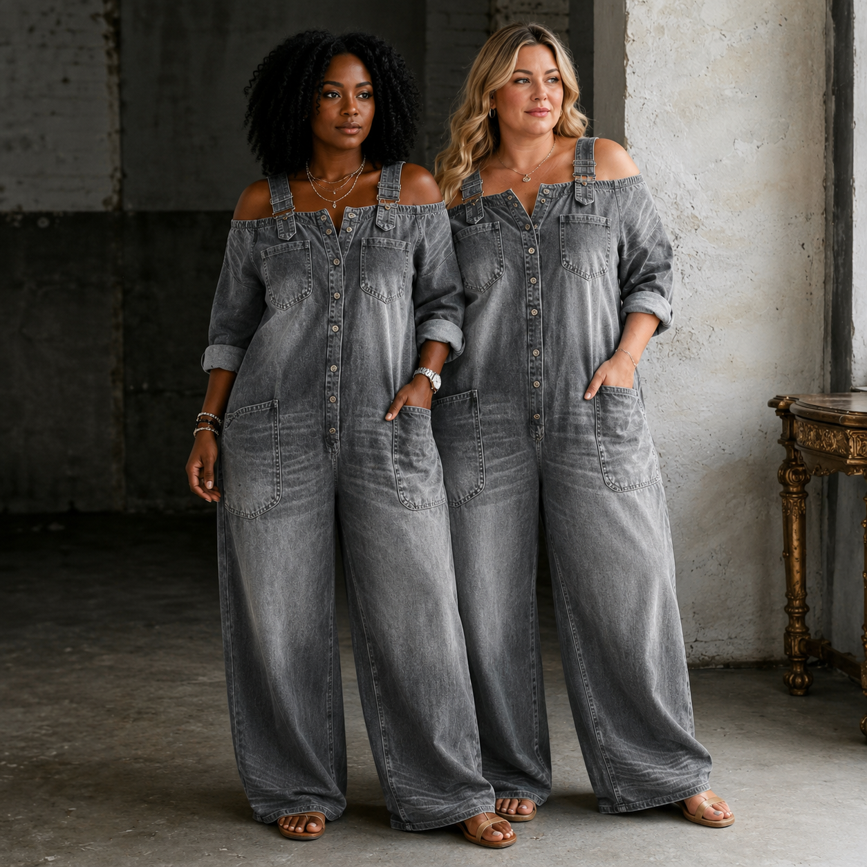 Stephanie | Off Shoulder Denim Shirt Jumpsuit