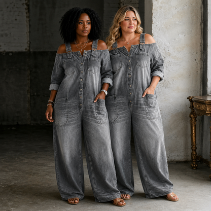 Stephanie | Off Shoulder Denim Shirt Jumpsuit