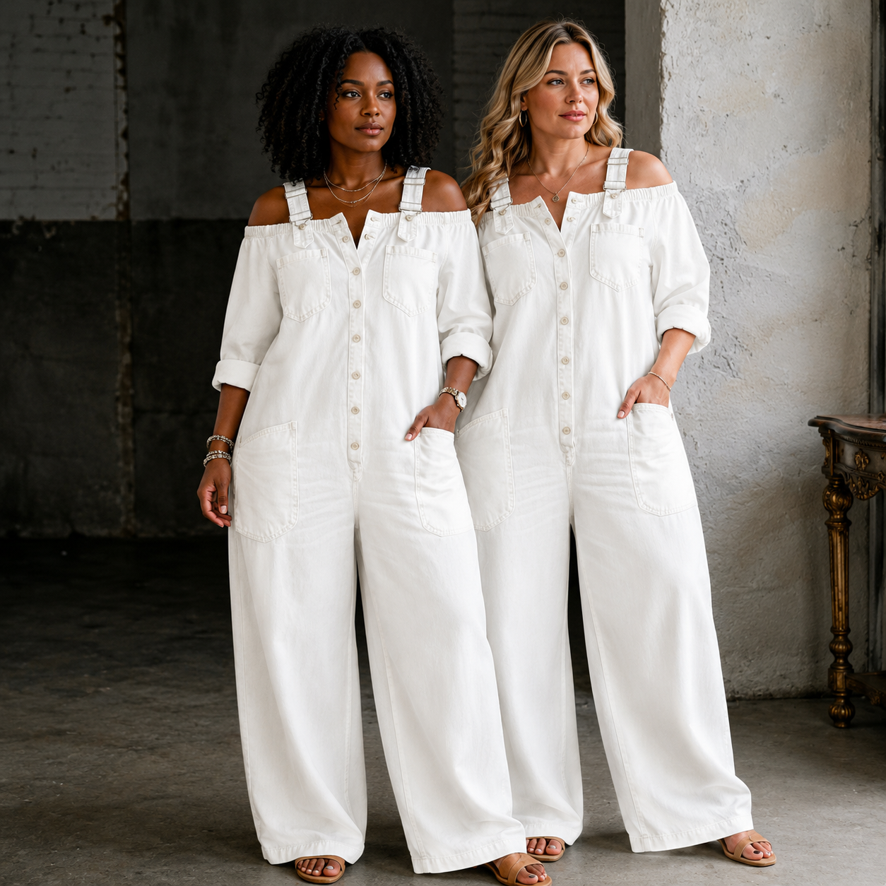 Stephanie | Off Shoulder Denim Shirt Jumpsuit