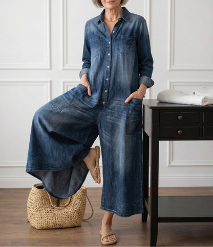 Diana | Vintage jumpsuit in soft washed cotton denim with buttons