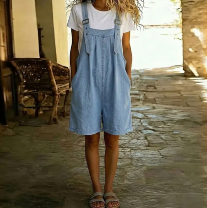 Clara | Soft Cotton Denim Dungarees in Light Washed Blue