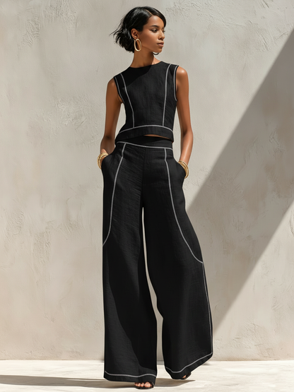 Moxley™ Brenda | Elegant Linen Contrast-Stitched Pants Set