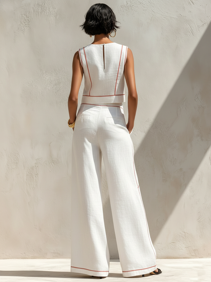 Moxley™ Brenda | Elegant Linen Contrast-Stitched Pants Set