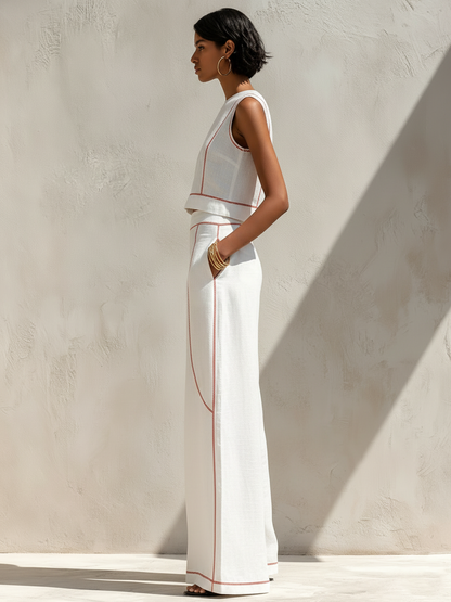 Moxley™ Brenda | Elegant Linen Contrast-Stitched Pants Set