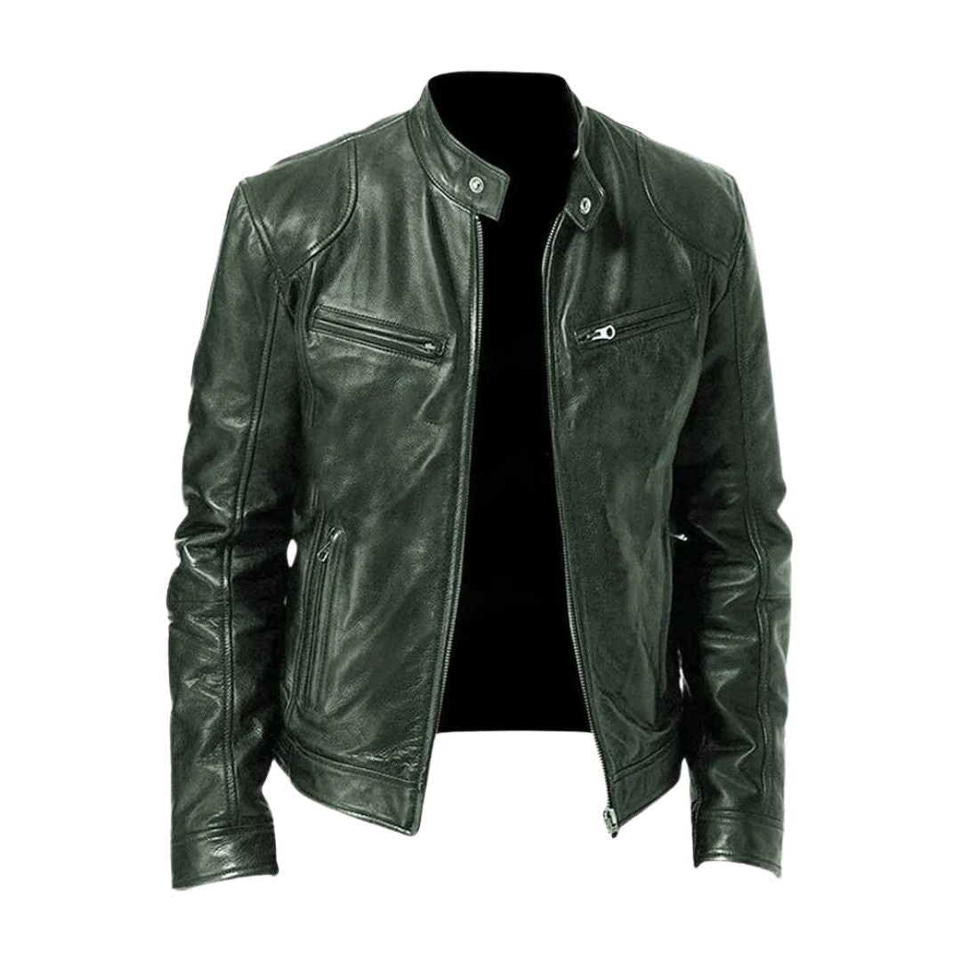 Harrington Oxford | Men’s Leather Biker Jacket – Zip-Up with Stand Collar and Pockets