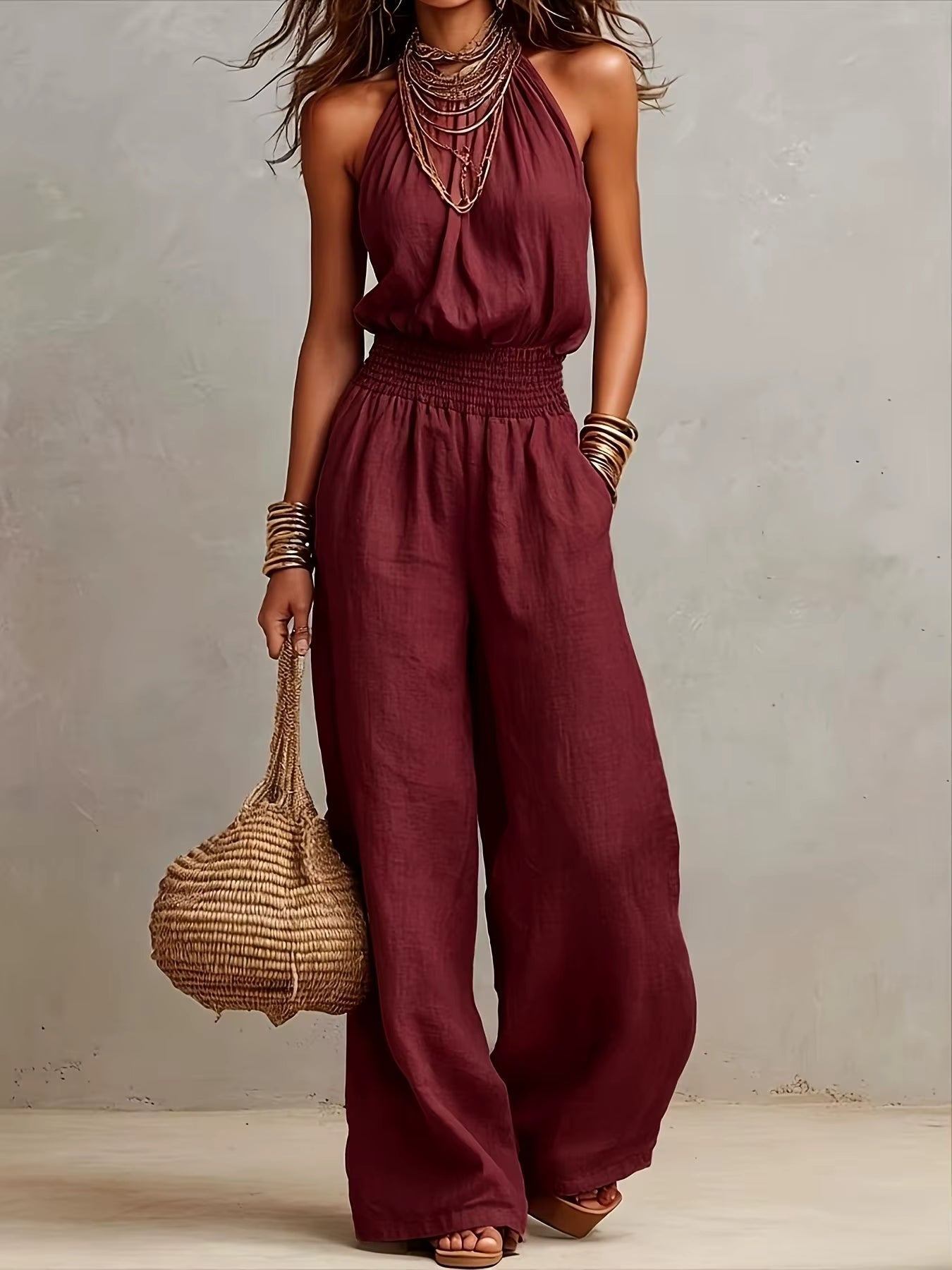 Moxley™ Valeria | Elegant Linen Jumpsuit with Halter Neck