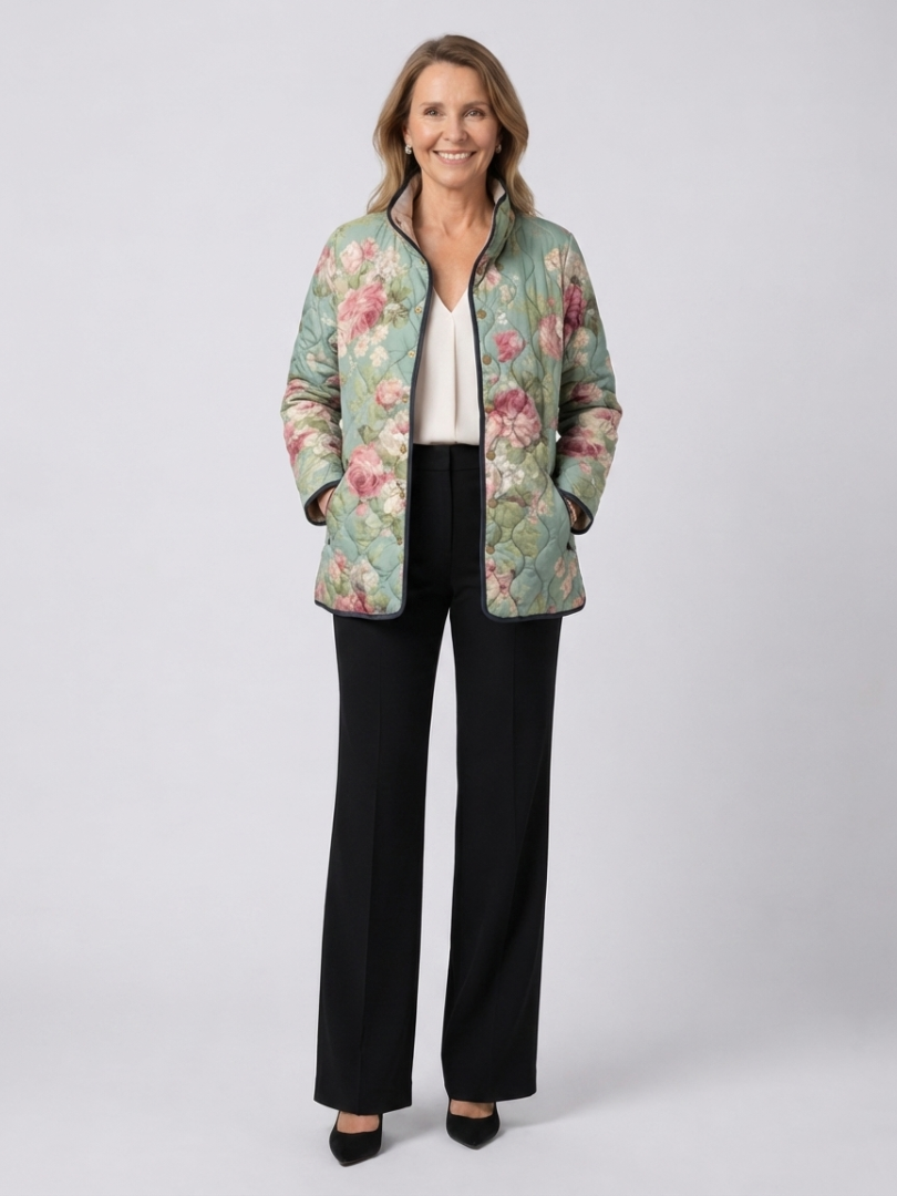 Moxley™ | Luxe Quilted Jacket Adorned with Light Antique Roses