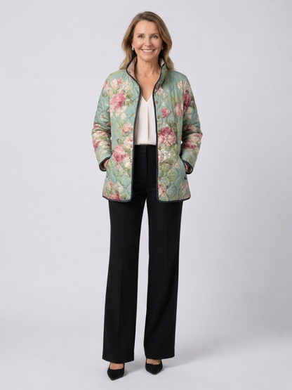 Moxley™ | Luxe Quilted Jacket Adorned with Light Antique Roses