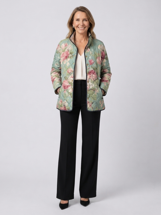 Moxley™ | Luxe Quilted Jacket Adorned with Light Antique Roses