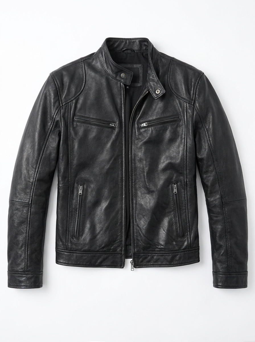 Harrington Oxford | Men’s Leather Biker Jacket – Zip-Up with Stand Collar and Pockets
