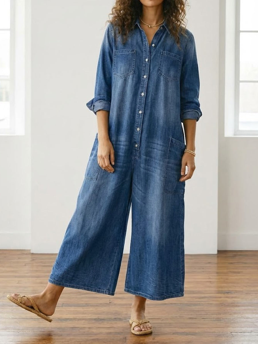Diana | Vintage jumpsuit in soft washed cotton denim with buttons
