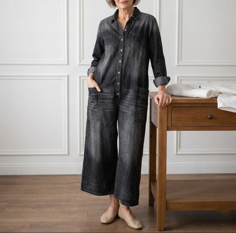 Diana | Vintage jumpsuit in soft washed cotton denim with buttons