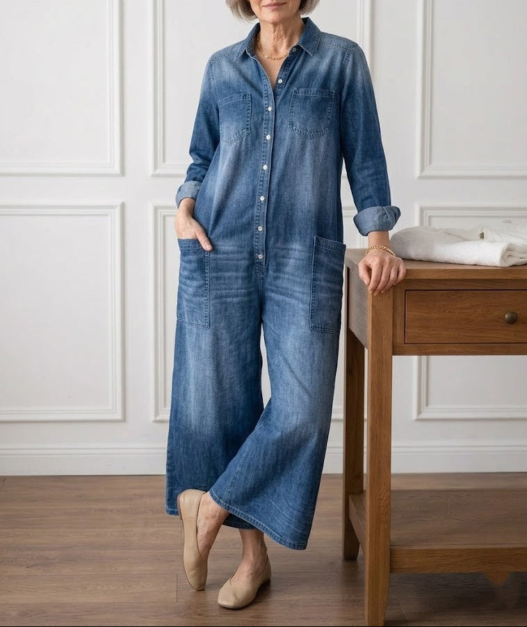 Diana | Vintage jumpsuit in soft washed cotton denim with buttons